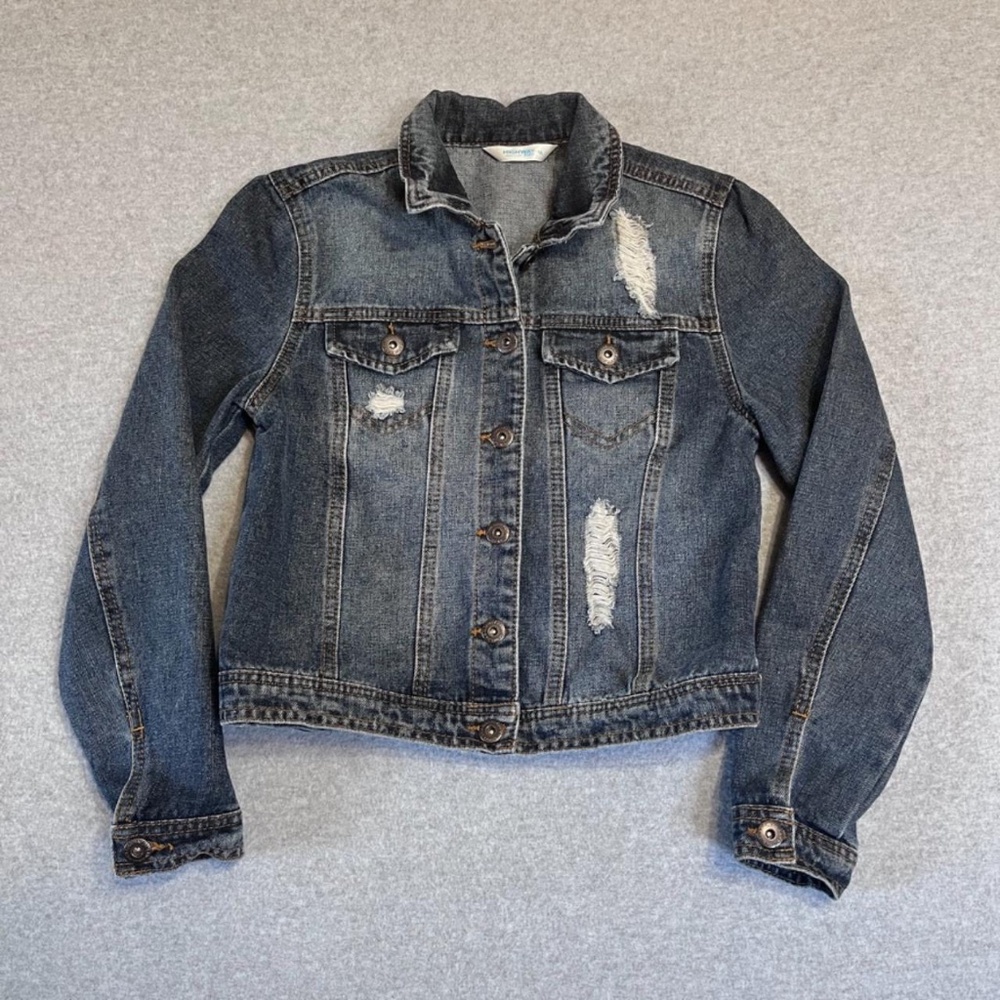 Highway Jeans Jacket Womens Medium Blue Trucker Distressed Ripped Denim